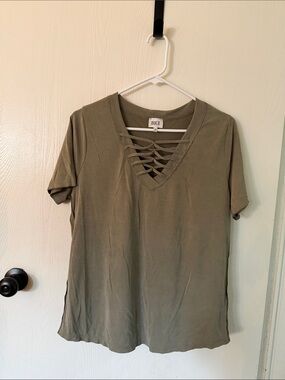 BKE Olive Green Short-Sleeve Top with Laced V-Neck